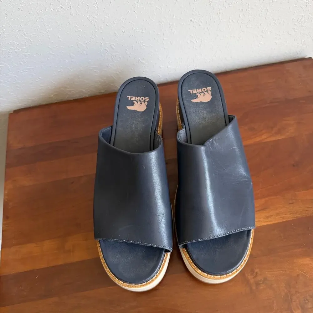 Sorel Joanie IV Slide Wedge Sandal Navy Blue Leather Platform Slip On Womens 9.5 - Picture 2 of 7